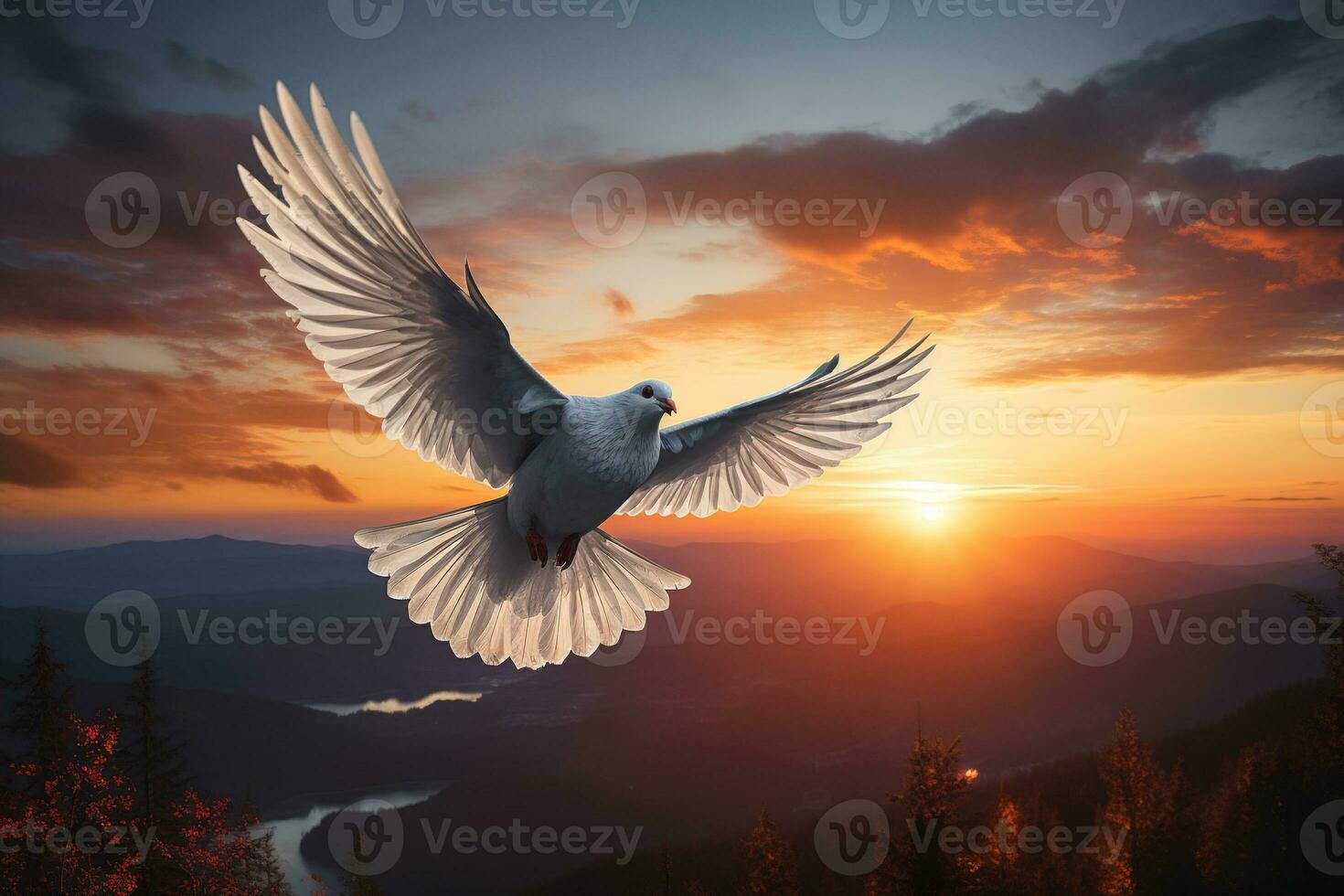 AI generated white dove flies against sunset background, peace symbol photo