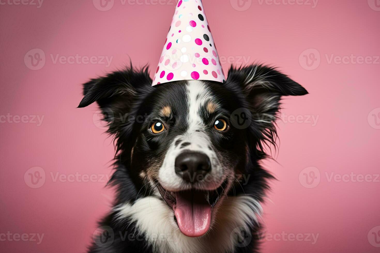 AI generated happy adorable dog smiling in a birthday hat on a pink background. Birthday party of celebration funny animal concept photo