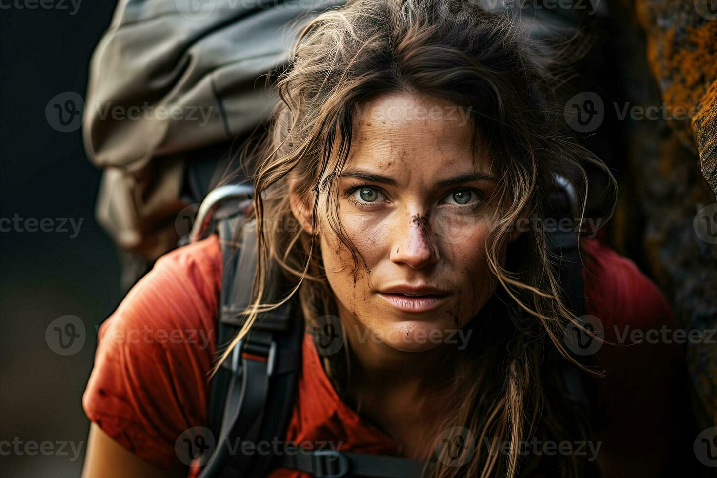 AI generated Front view portrait of a young charming female climber with a backpack and dirt on her face photo