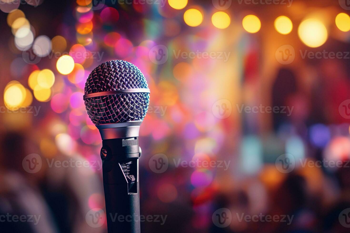 AI generated Close up of a microphone against a bright background of blurred glowing colorful bokeh dots photo