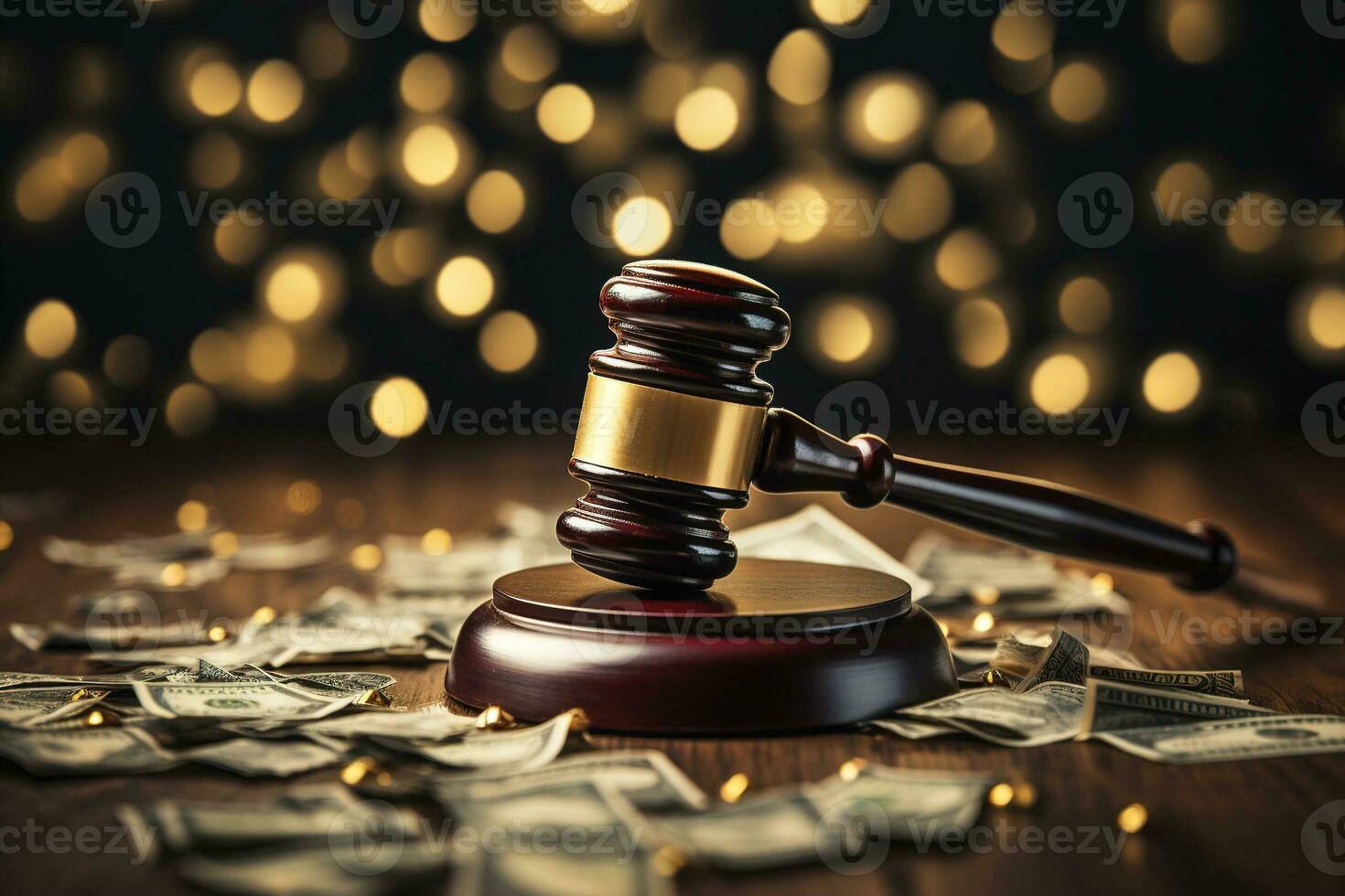 AI generated Judicial gavel among banknotes on a blurred background of bokeh dots. Conception of paying, law, corruption photo