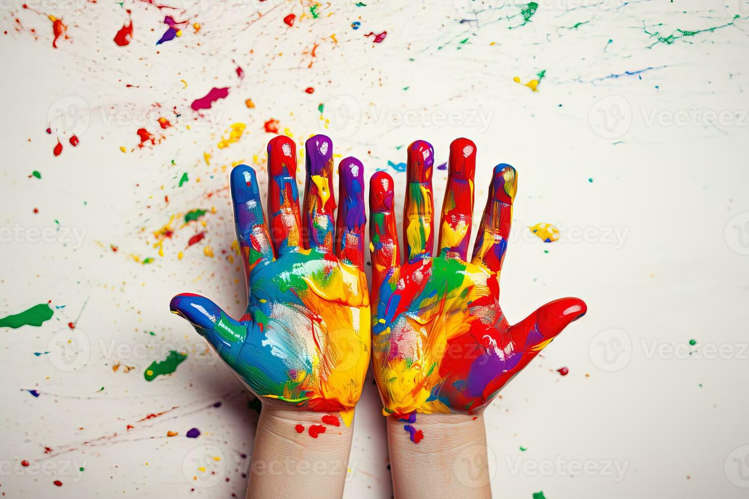 AI generated children's hands covered with paint vibrant colors photo