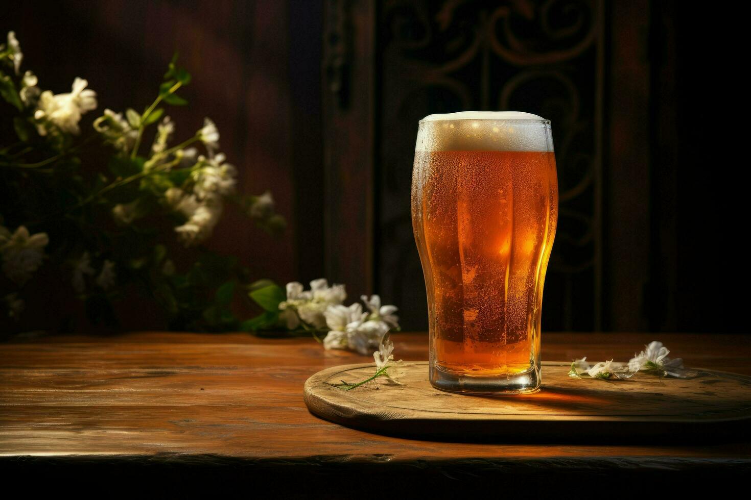 AI generated A glass of beer on a wooden table at night, A glass of beer on a Wooden table. Ai generated photo
