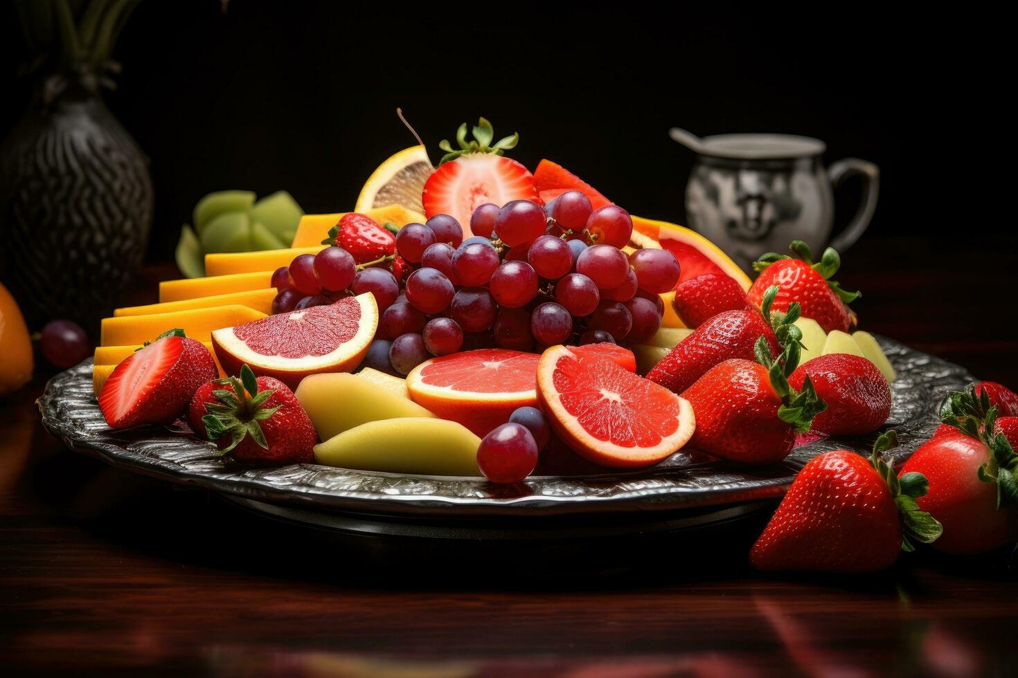AI generated Fruits on plate, fruits decoration ready to eat, Fresh Fruit Variety on Tray Healthy Eating Diet Food Ai generated photo