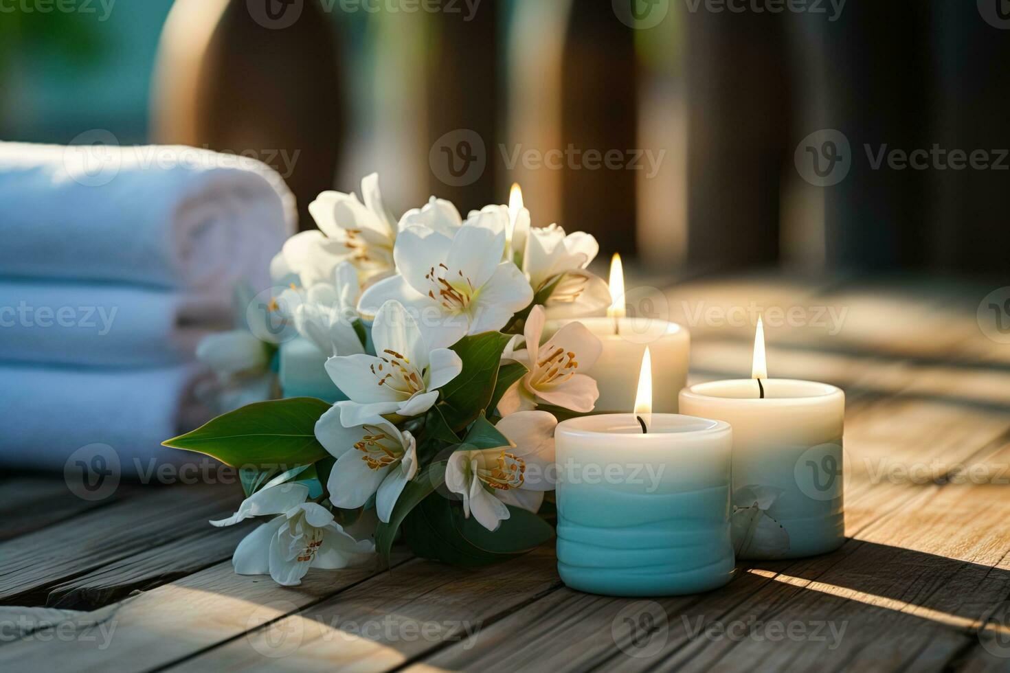 AI generated White towels with white flowers and three candles on a wooden table. Spa composition photo