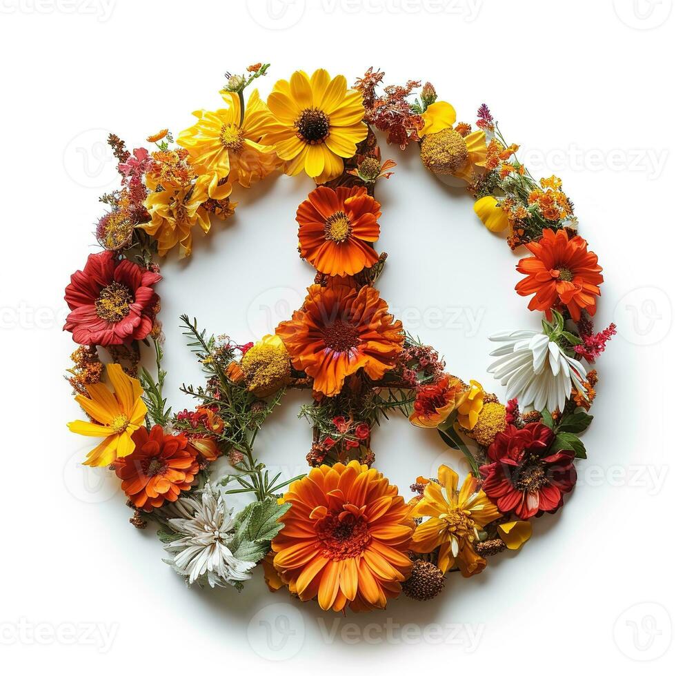 AI generated peace sign made of colorful flowers on a white background, love and peace concept photo