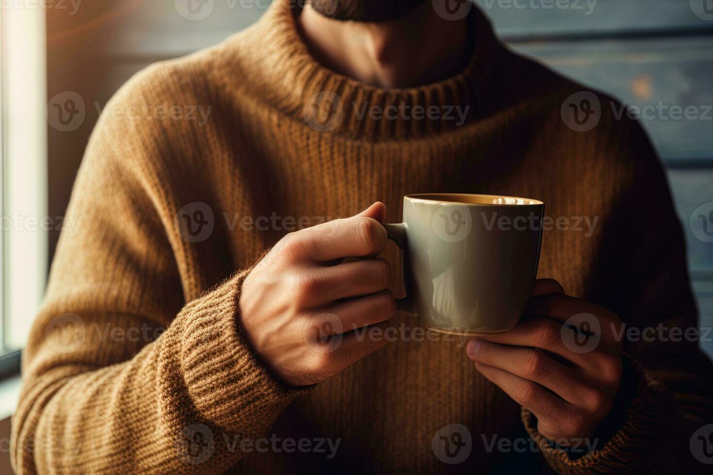 AI generated man's hands in a knitted warm sweater holding a cup of coffee or tea photo