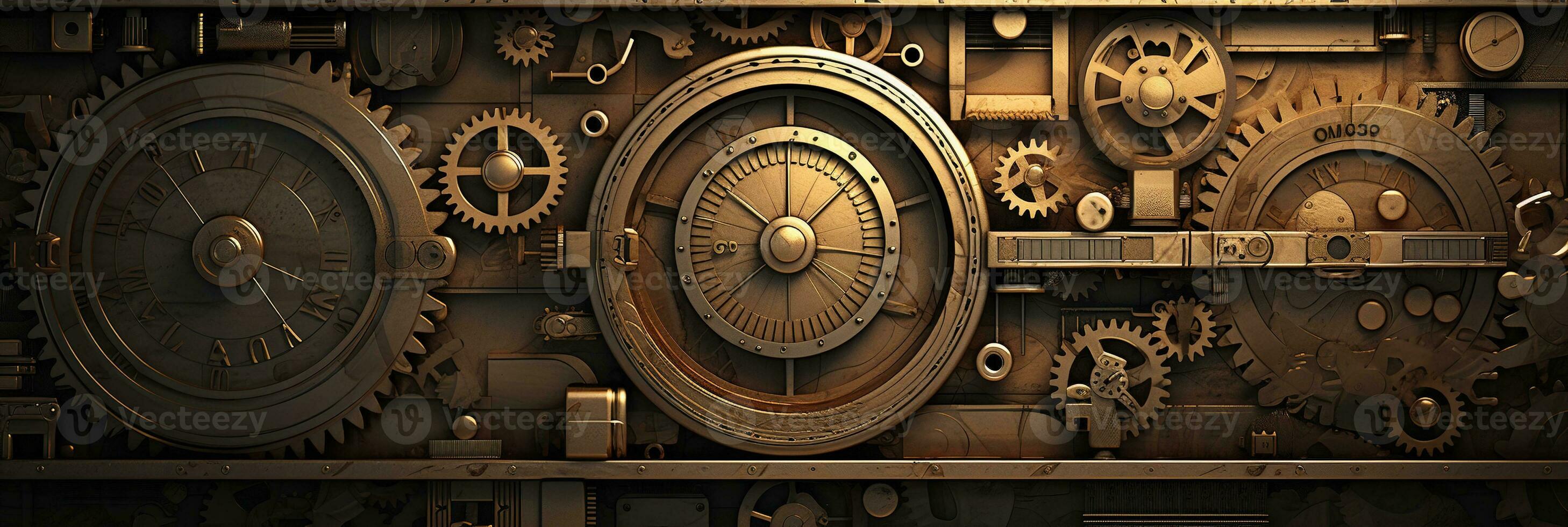 AI generated Abstract brass or bronze gears, wheels and rivets of a mechanism. steampunk background banner photo