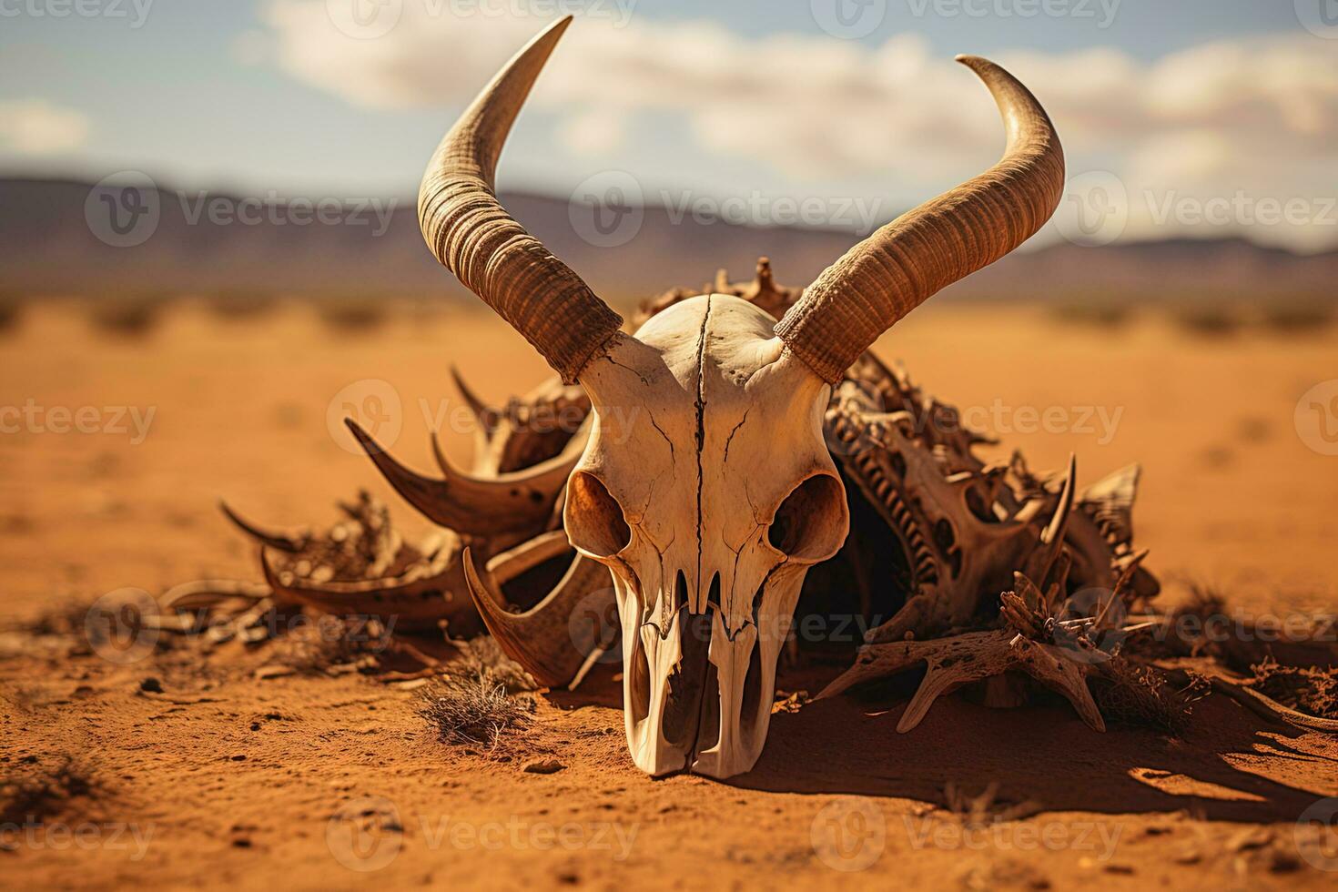 AI generated closeup of a skull with horns of antelope in the dried desert photo