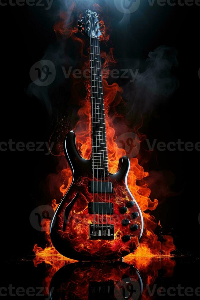 ai generado un vertical imagen de un frio moderno bajo guitarra ardiente con un caliente fuego en un negro antecedentes. rock metal punk antecedentes foto