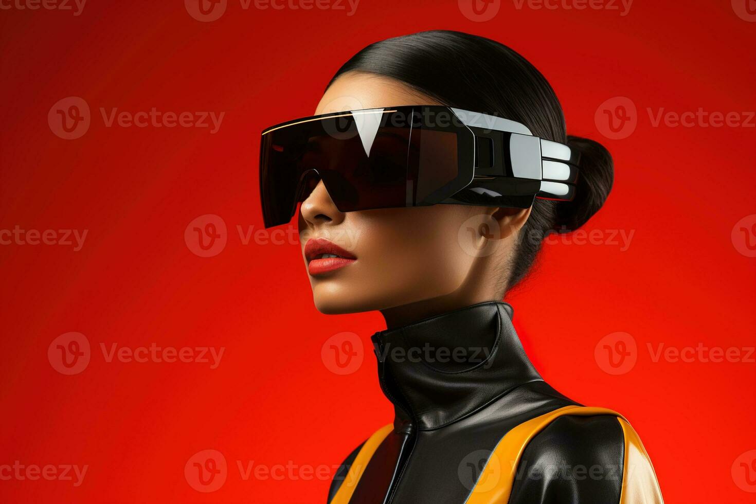 ai generado joven encantador mujer vistiendo futurista virtual realidad lentes en vívido rojo antecedentes foto