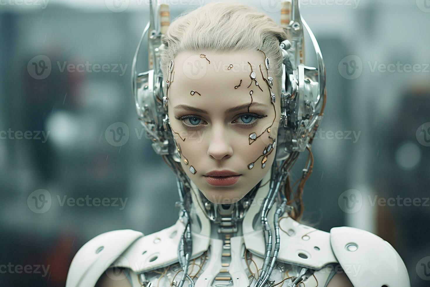 AI generated Close up portrait of a relaxed beautiful android woman with jewelry on her face on a blurred background photo