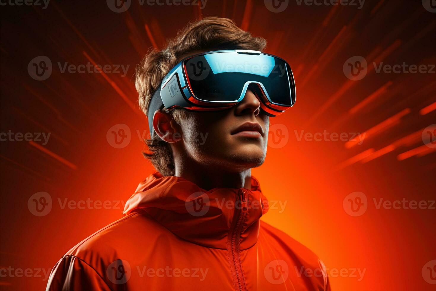 AI generated Young serious guy wearing vr glasses on modern vivid red virtual background photo