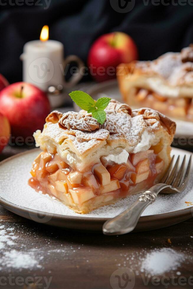 AI generated vertical image closeup of a piece of delicious homemade sweet apple pie on rustic background photo