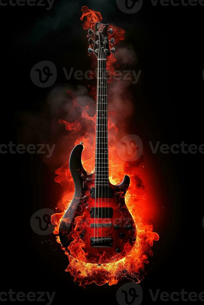 AI generated A vertical image of a red bass guitar burning with a hot flame on a black background. Rock metal punk background photo