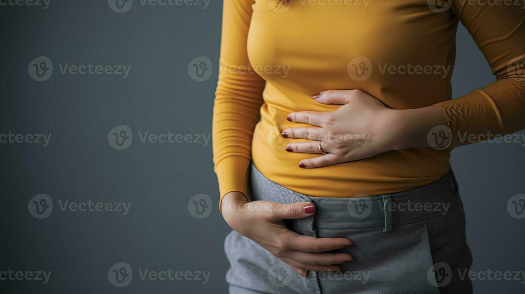 AI generated woman holding her hands in the lower abdomen, acute pain, no face photo