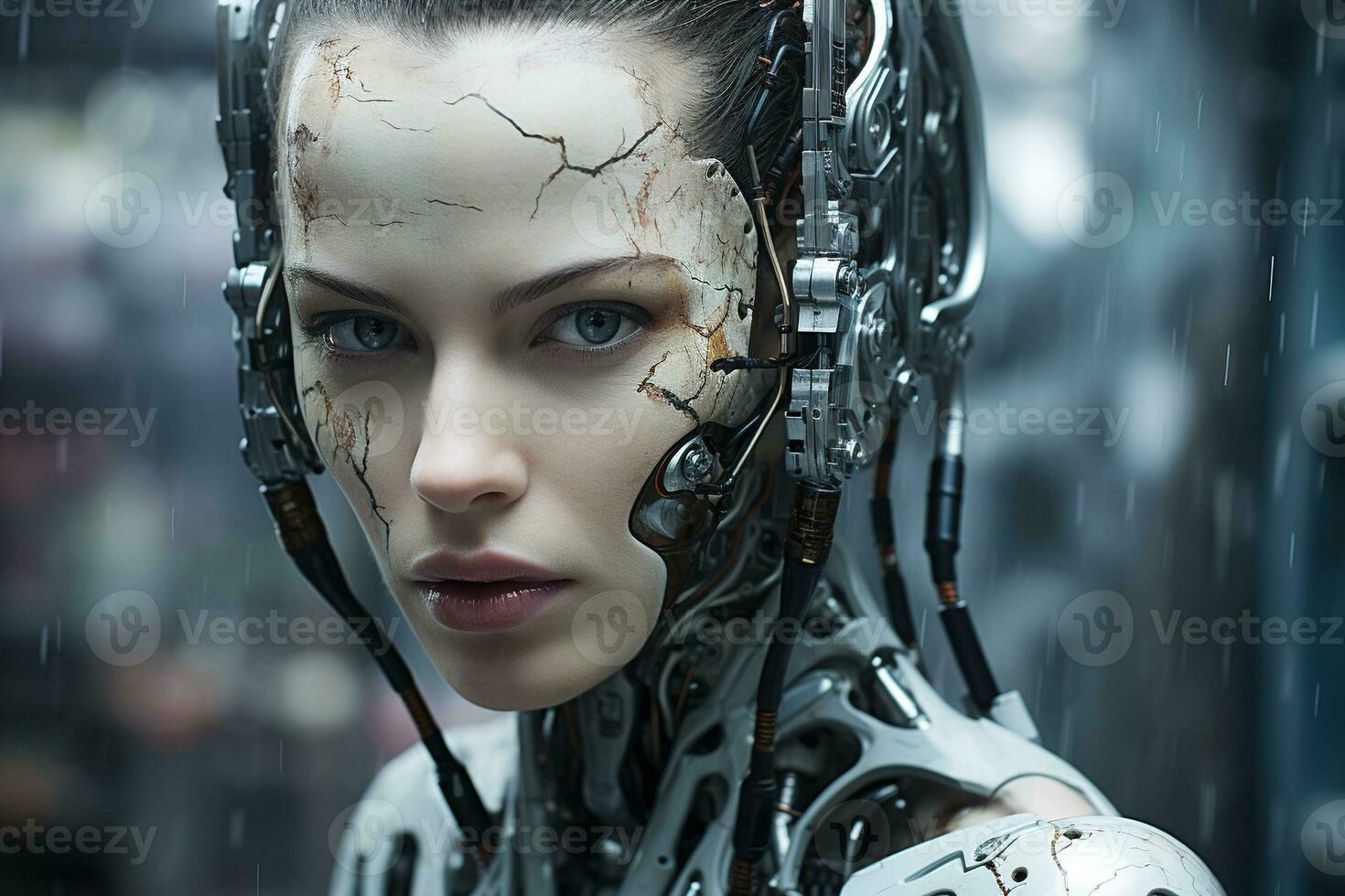 AI generated Close up portrait of sad yearning android woman with cracked face on blurred background photo