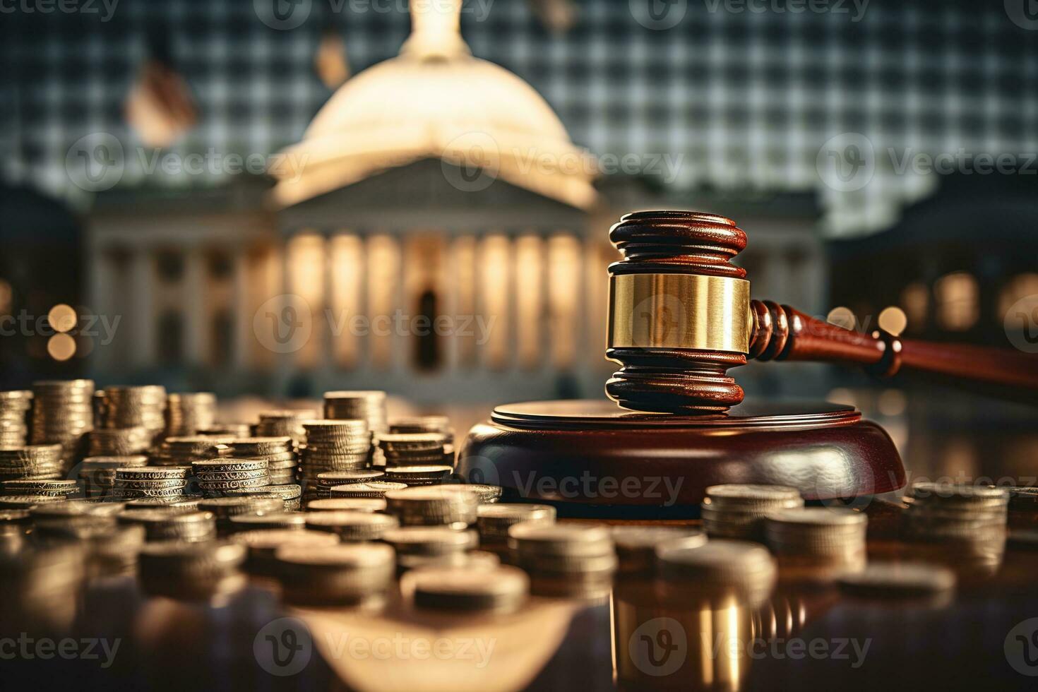 AI generated A court gavel among piles of gold coins on a blurred glowing courthouse background. Concept of payment, law, corruption photo
