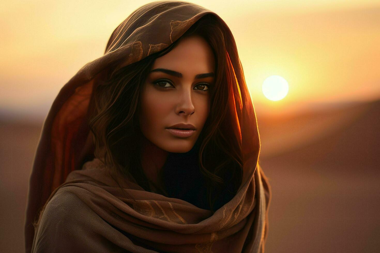 AI generated Portrait of a young Muslim woman in a hijab in the desert against the sunset, Arabian women face against the sunset Ai generated photo