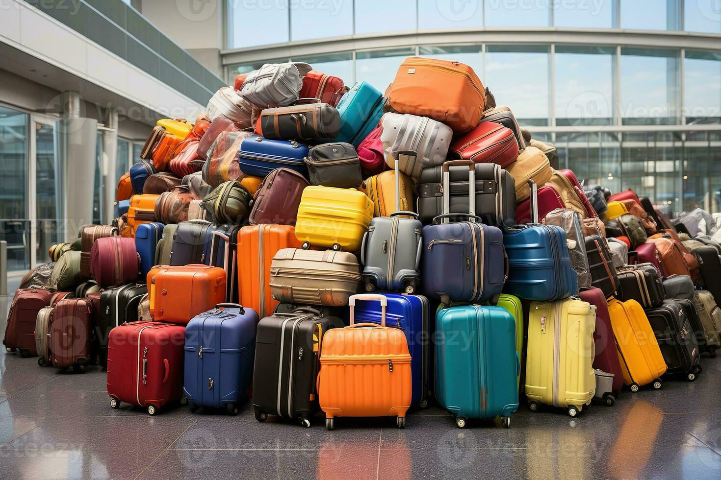 AI generated Huge pile of suitcases of hand luggage in the airport waiting room photo