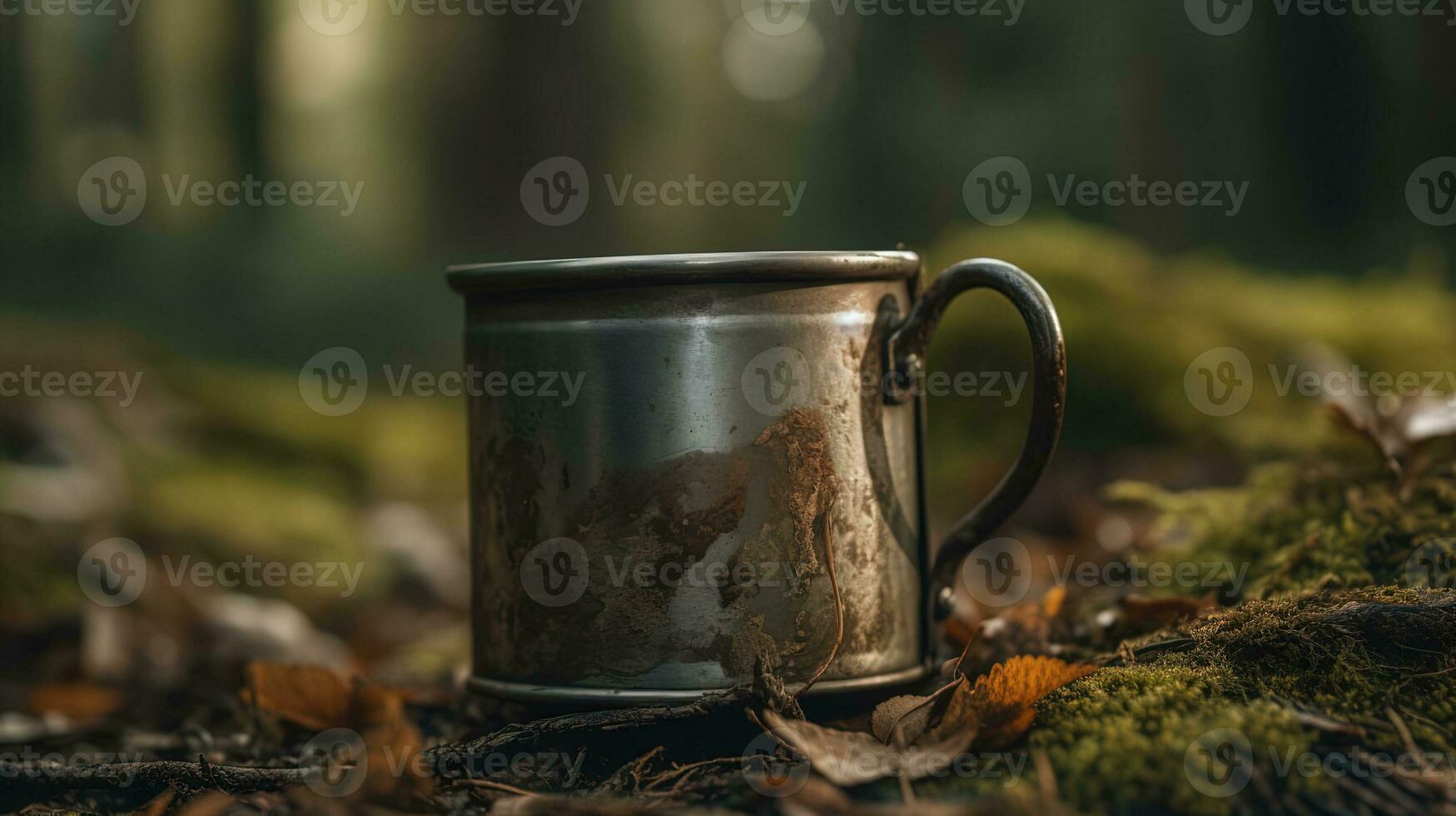 AI generated closeup of a metal old mug in the autumn forest photo