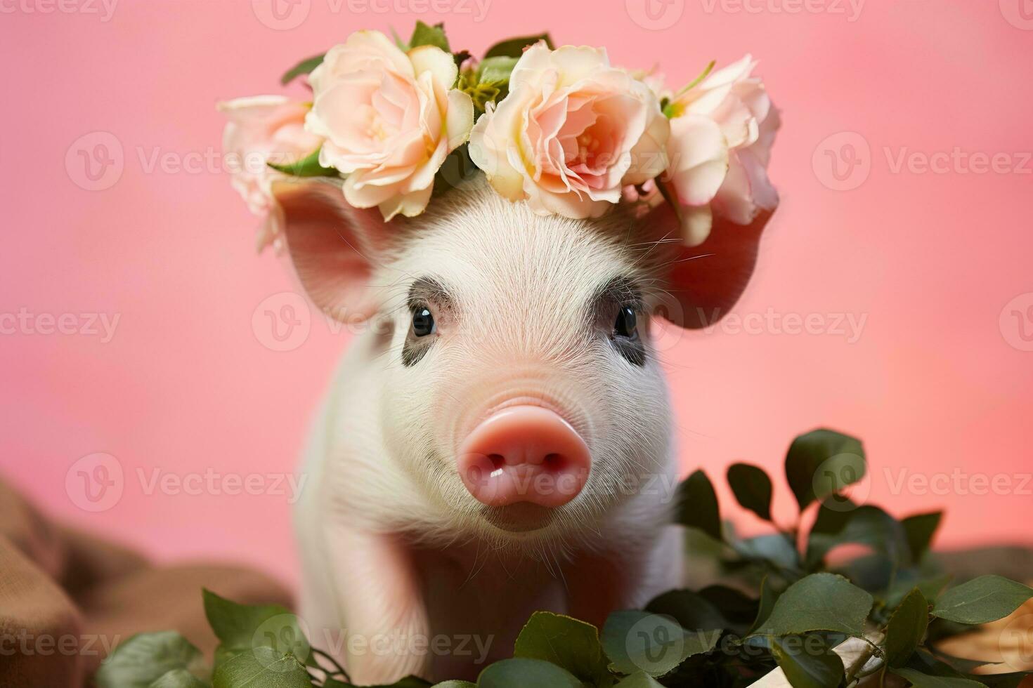 AI generated cute domestic mini pig with flowers crown on head on a pink background photo