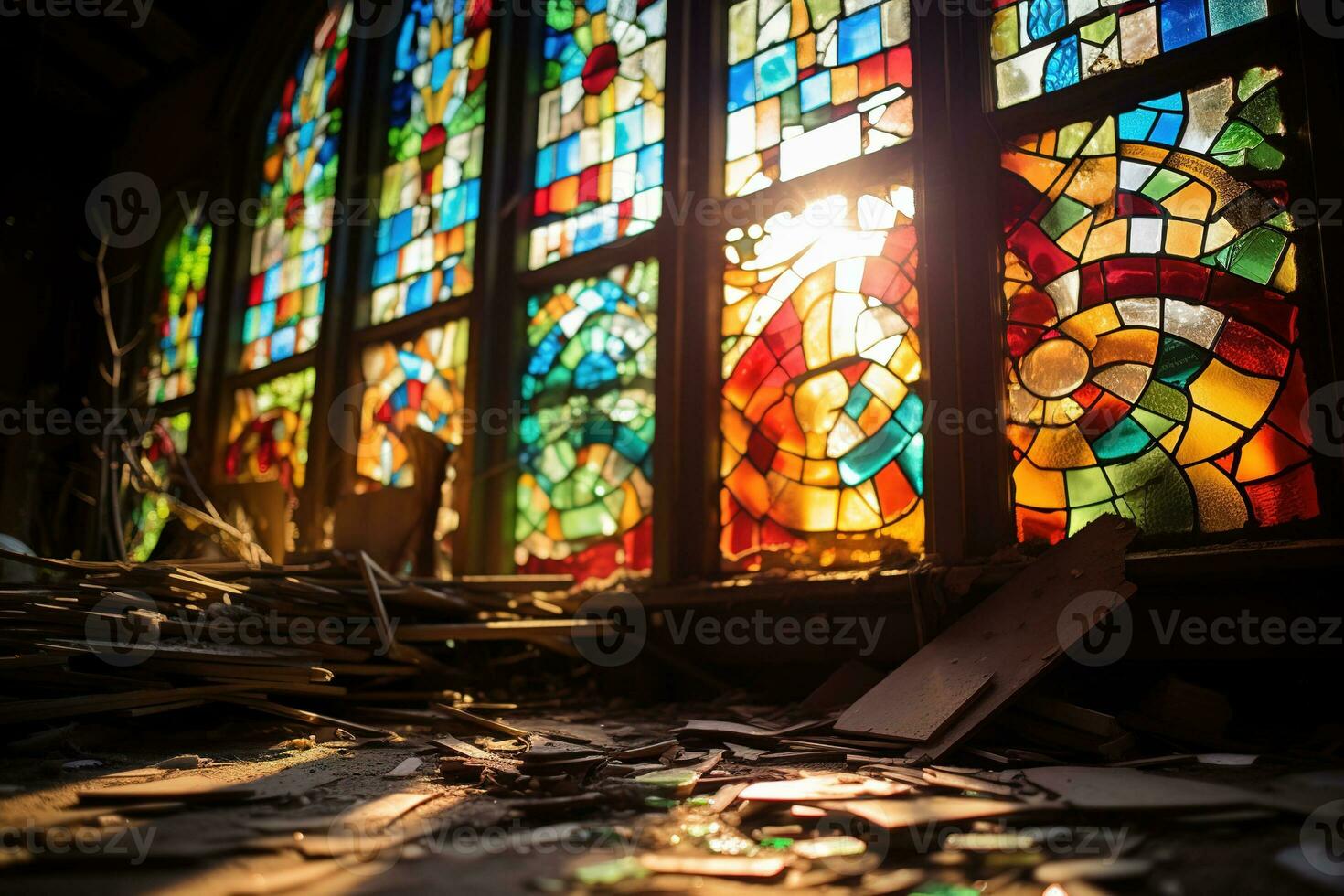 AI generated bright sunlight breaks through the old colorful stained glass window in an abandoned old building photo