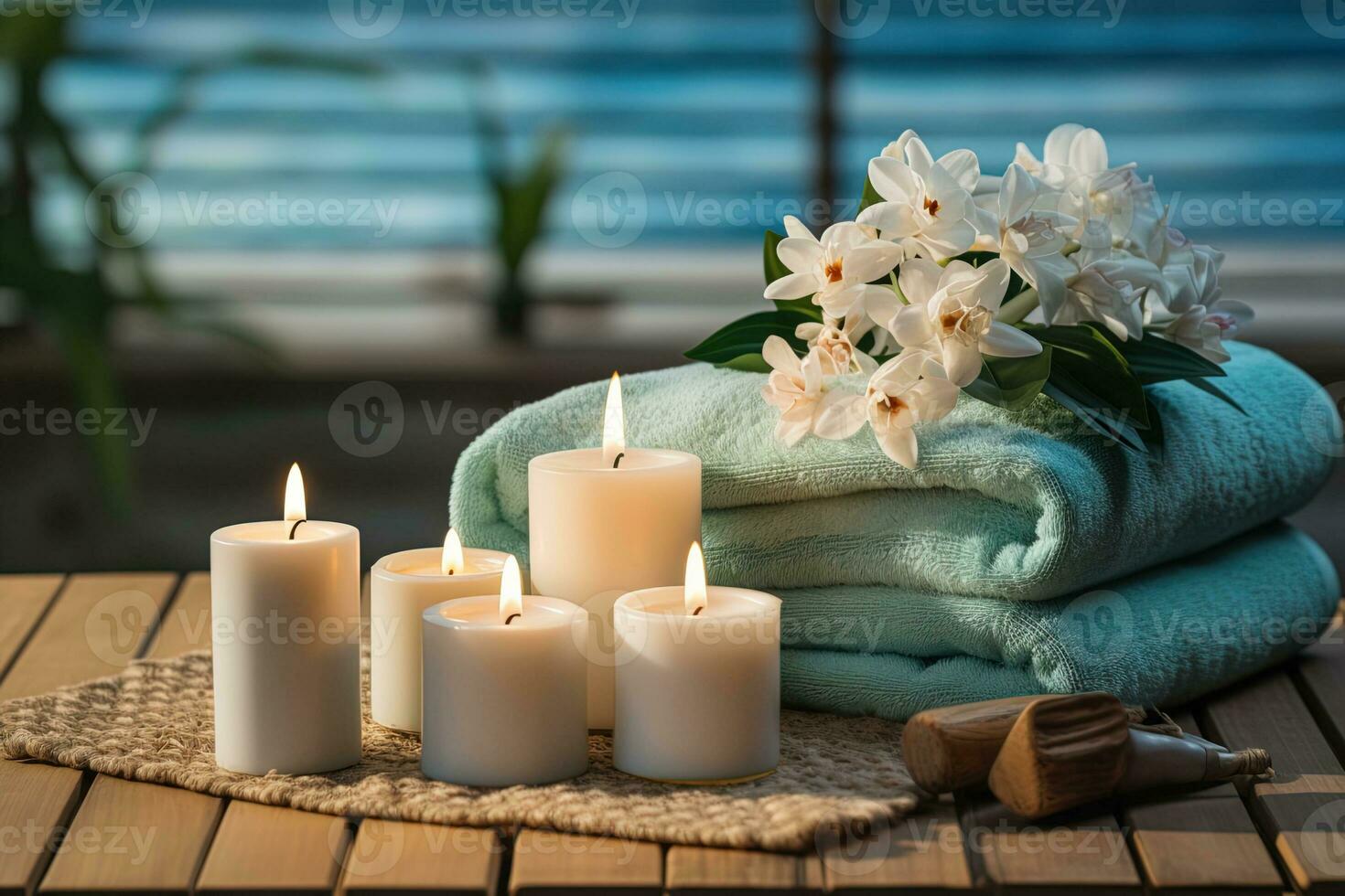 AI generated Blue towel with white flowers and several candles on a wooden table. Spa composition photo