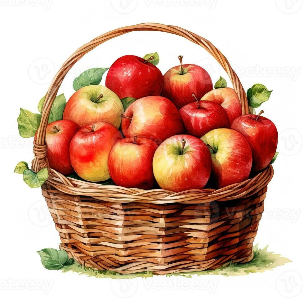 AI generated watercolor illustration of ripe red apples in a basket on white background photo