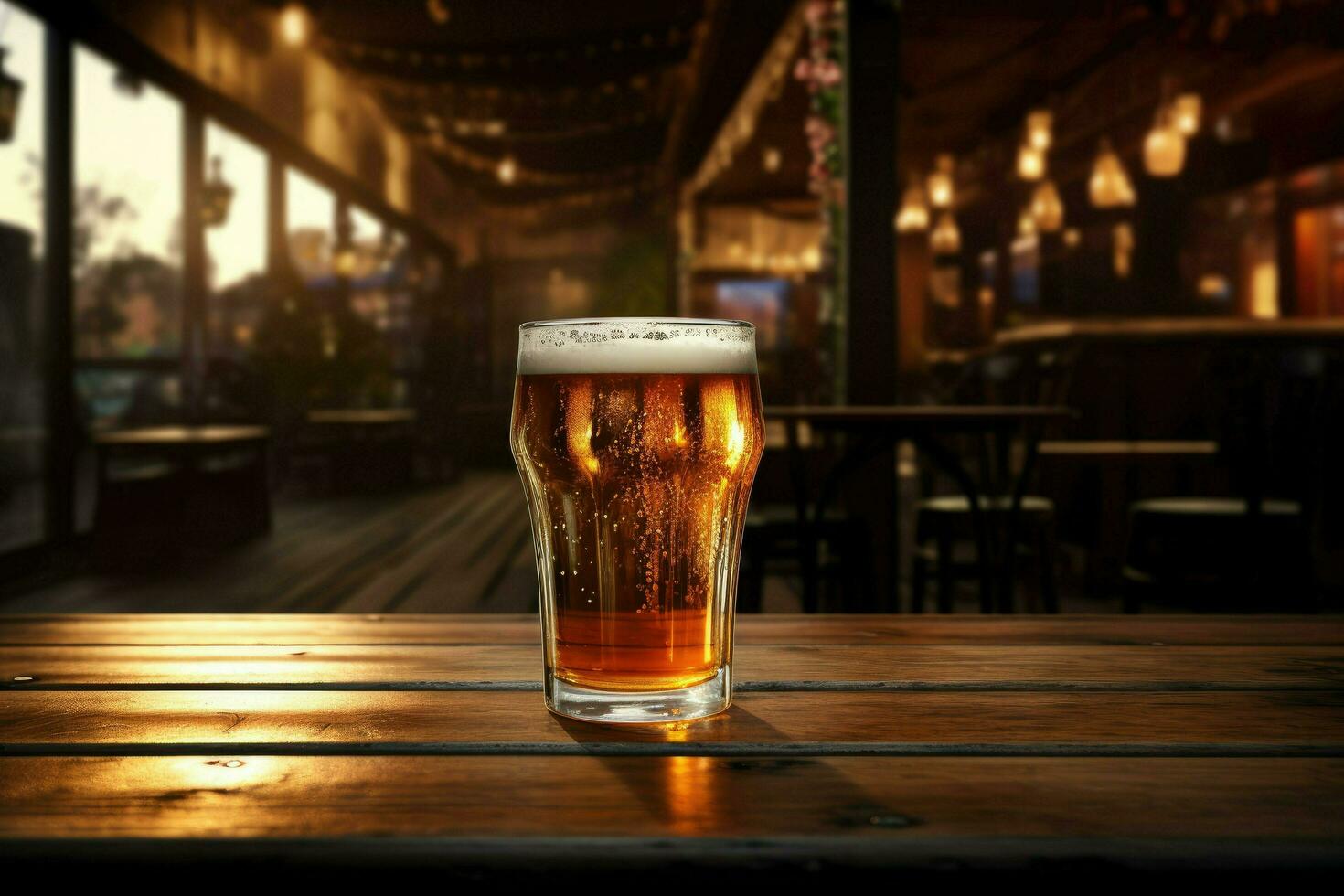 AI generated A glass of beer on a wooden table at night, A glass of beer on a Wooden table. Ai generated photo