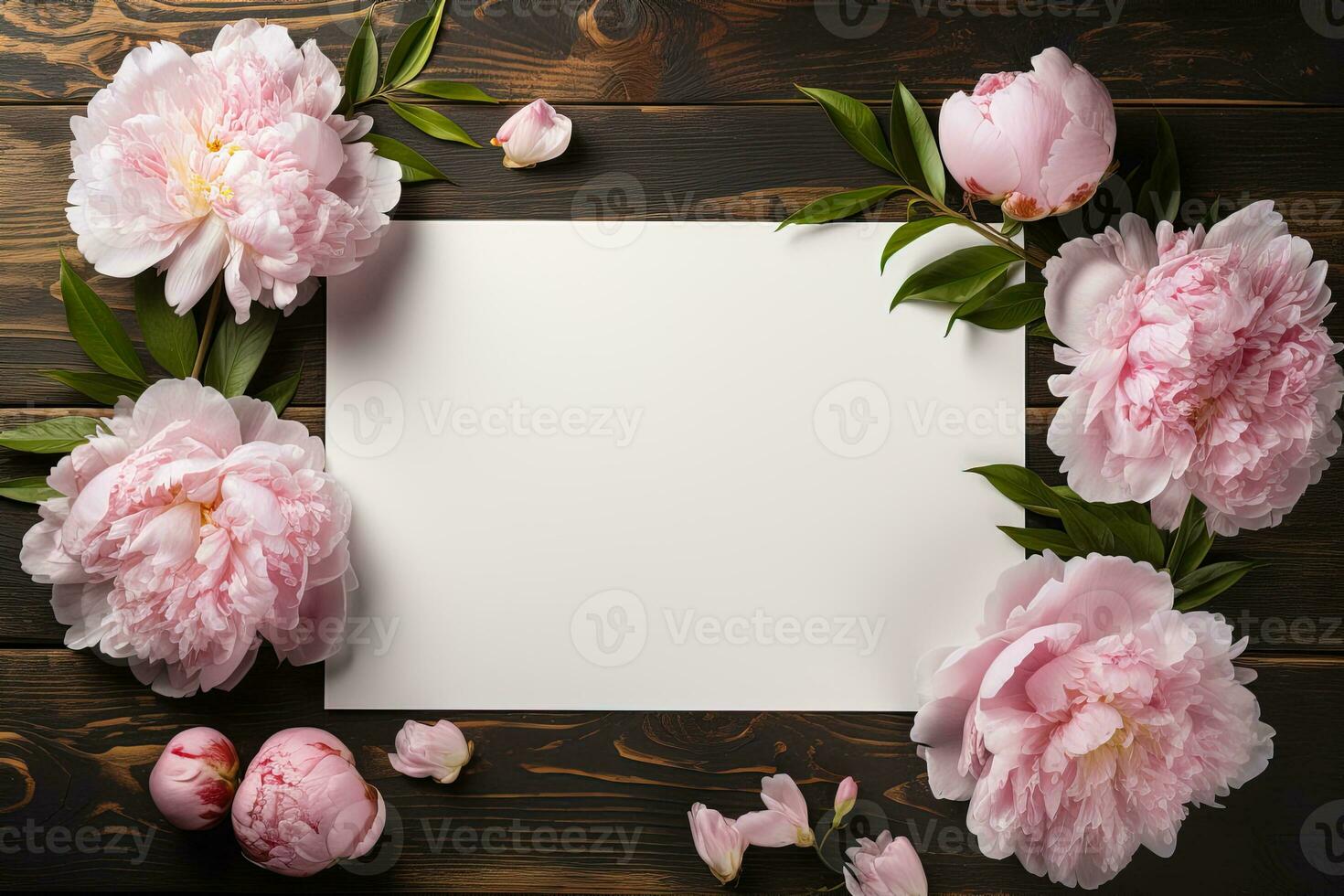 AI generated mockup white blank paper sheet with beautiful peonies top view on wooden background, template empty card flat lay for design with copy space photo