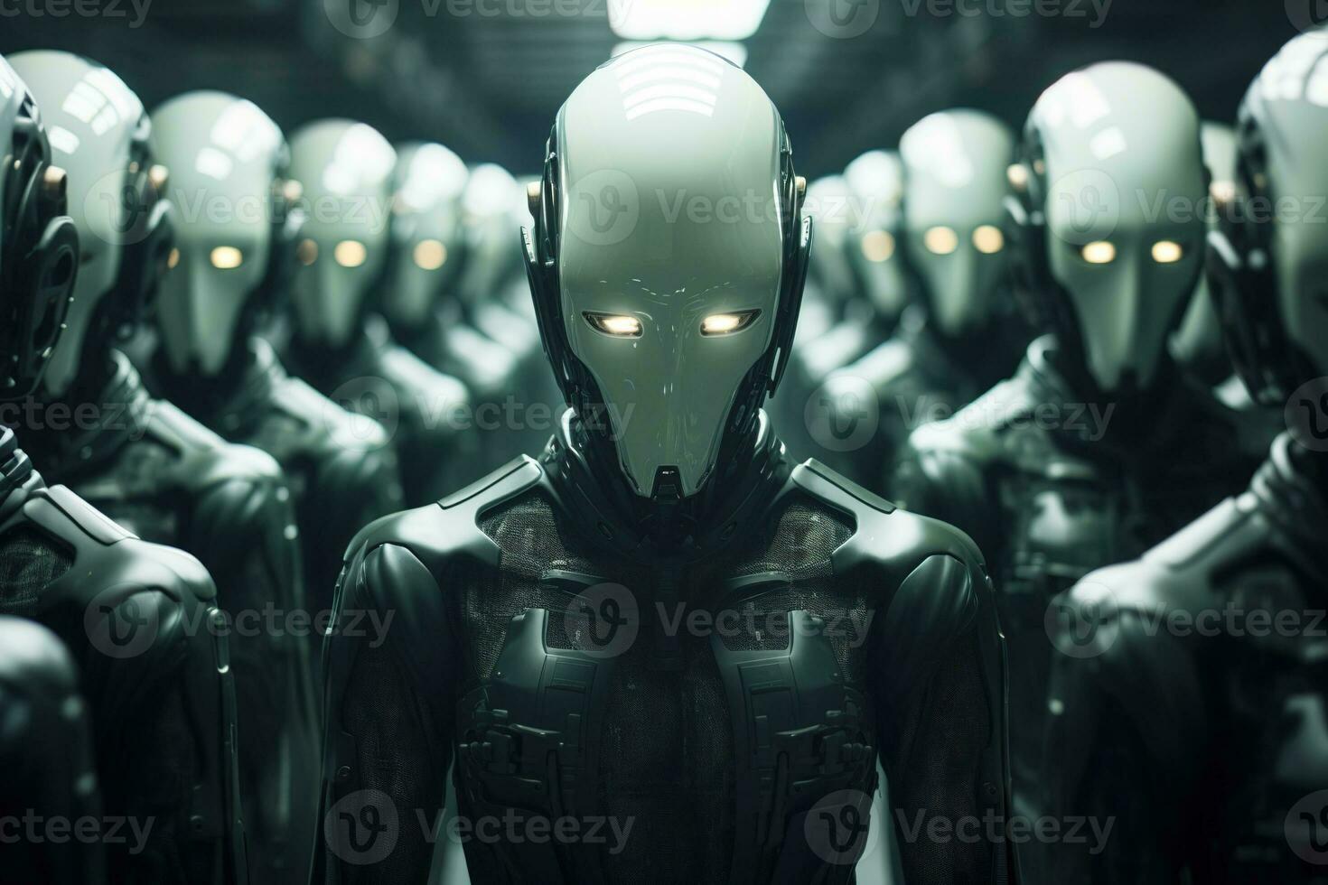 AI generated Android with glowing eyes, similar to a person in a warehouse among the same turned off robots photo