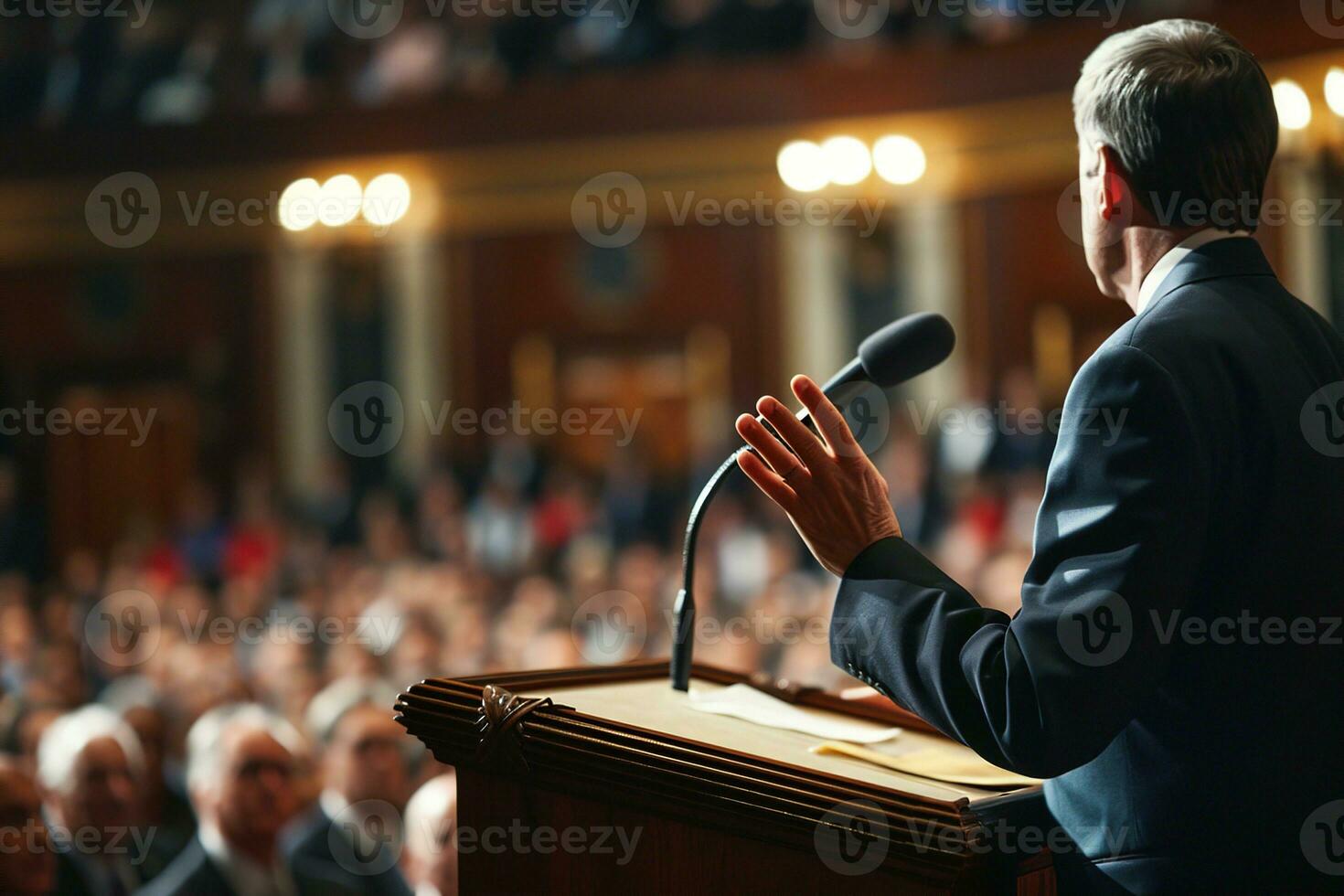 AI generated Rear left view of a man in a suit waving from behind a podium with a microphone while giving a speech to a crowd photo