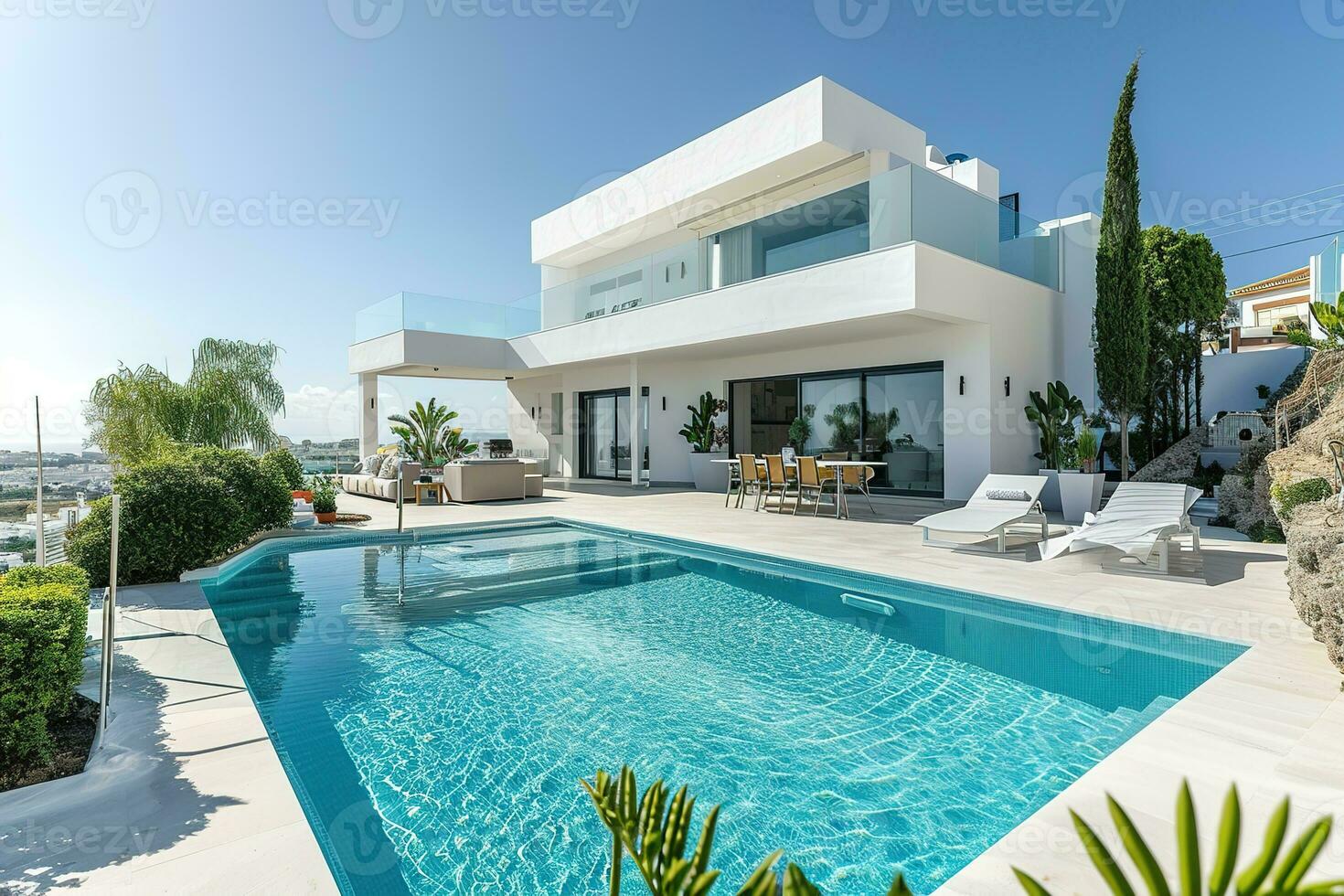 AI generated Large beautiful luxury modern white family home with a swimming pool under bright blue sky photo