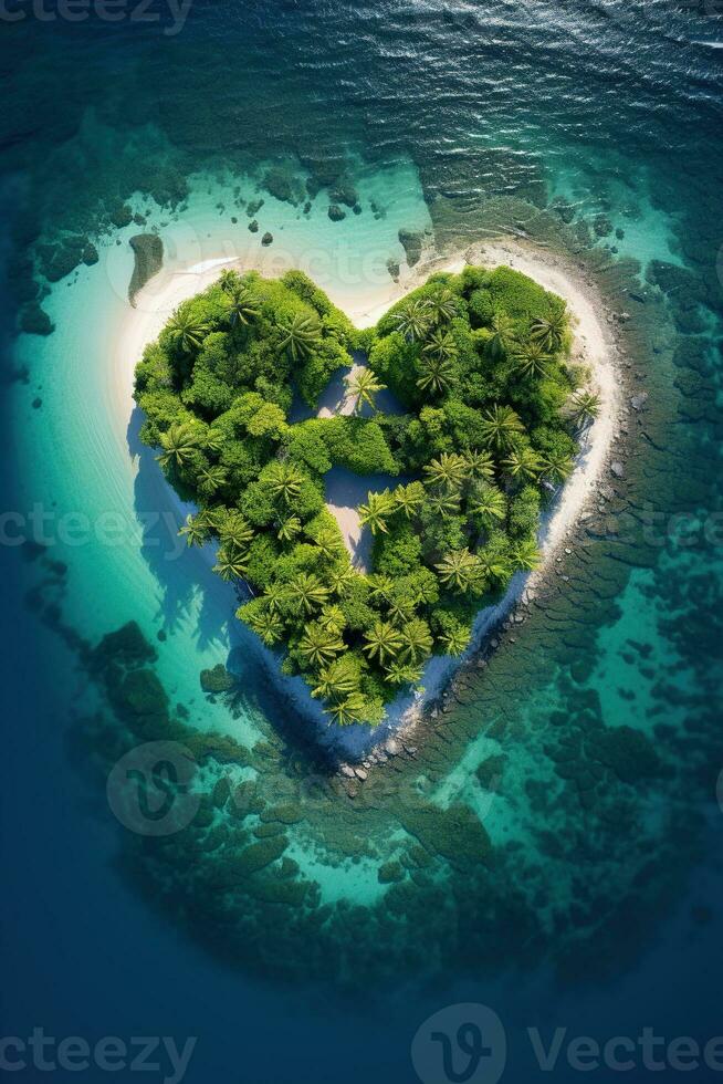 ai generado vertical imagen aéreo foto de remoto tropical paraíso isla en corazón forma parte superior ver