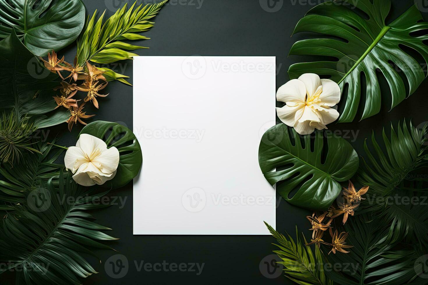 AI generated mockup white blank paper sheet with green tropical leaves and flowers top view on dark gray background, template empty card flat lay for design with copy space photo