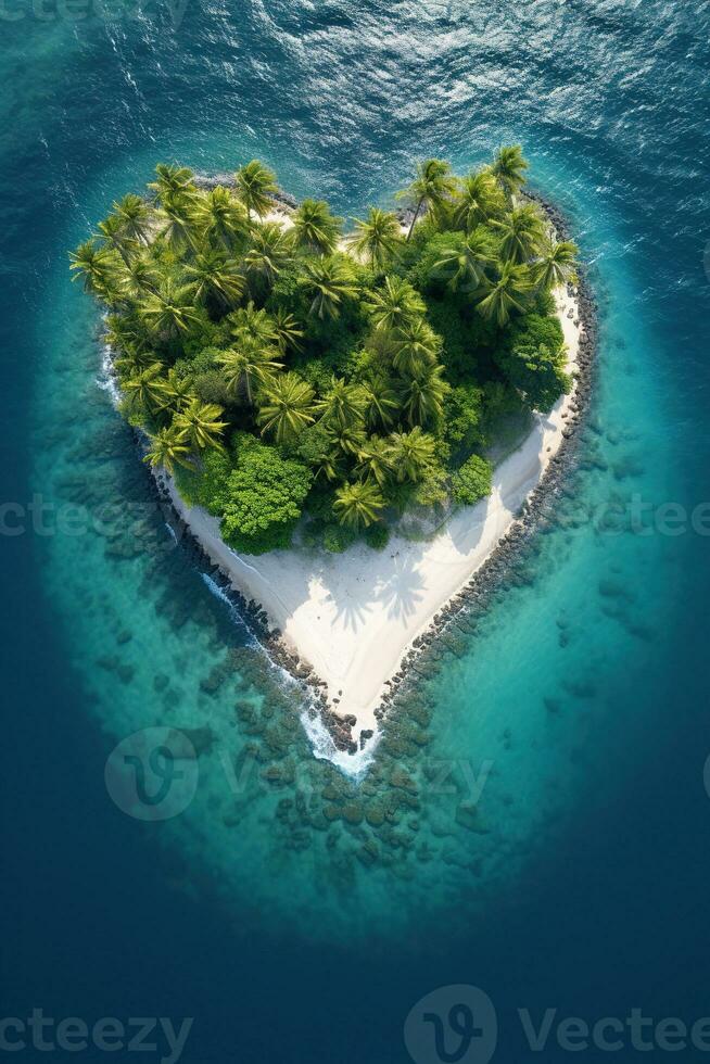 AI generated vertical image of secluded tropical paradise island in heart shape, aerial view photo