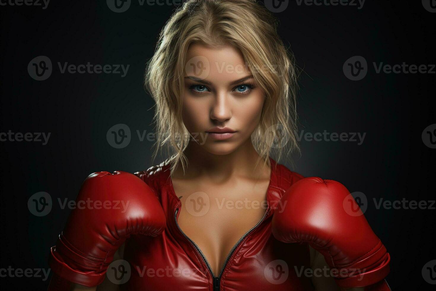 AI generated Gorgeous hot blonde in red leather jacket and red boxing gloves on a dark background photo