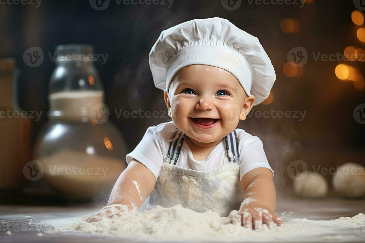 AI generated happy baby in a white chef's hat cooking dought in kitchen on blurred background photo