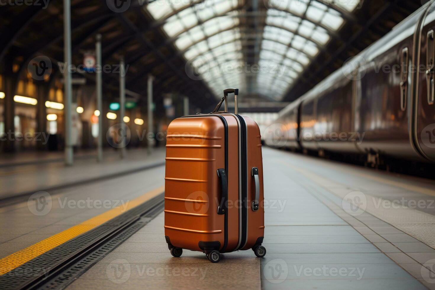 AI generated Brown suitcase forgotten near the train on the platform of a large train station photo