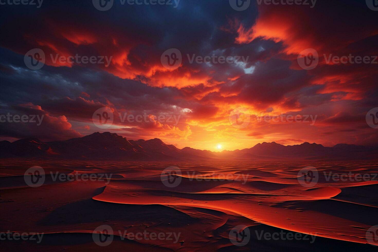 AI generated Bright colorful sunrise over the desert sands. Dunes at dawn photo