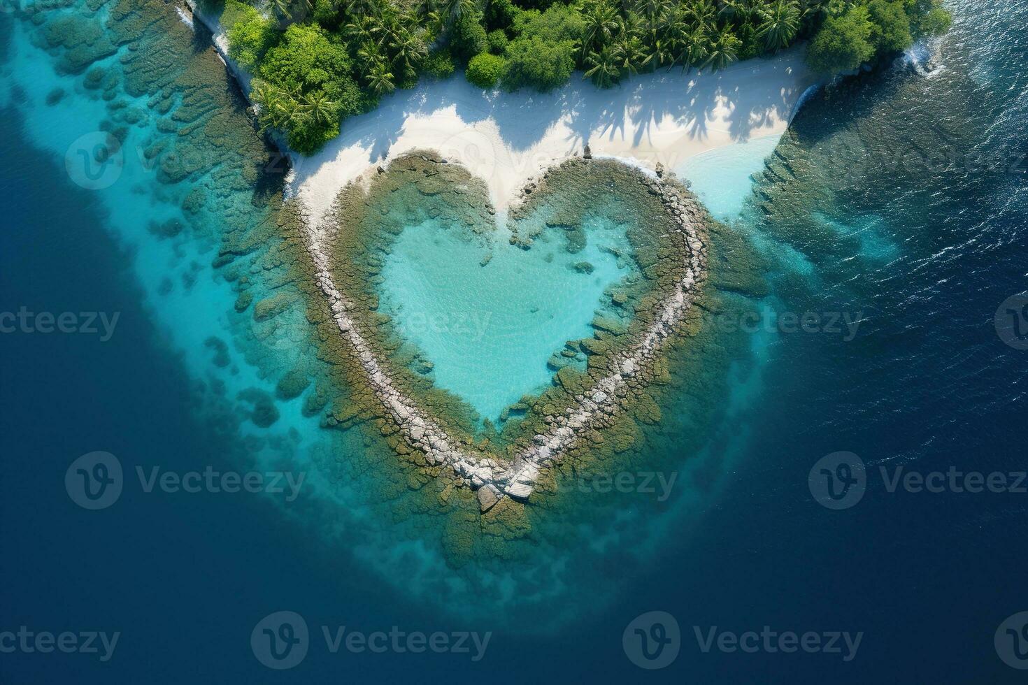 ai generado corazón conformado laguna en un playa en paraíso tropical isla rodeado por turquesa mar, aéreo ver foto