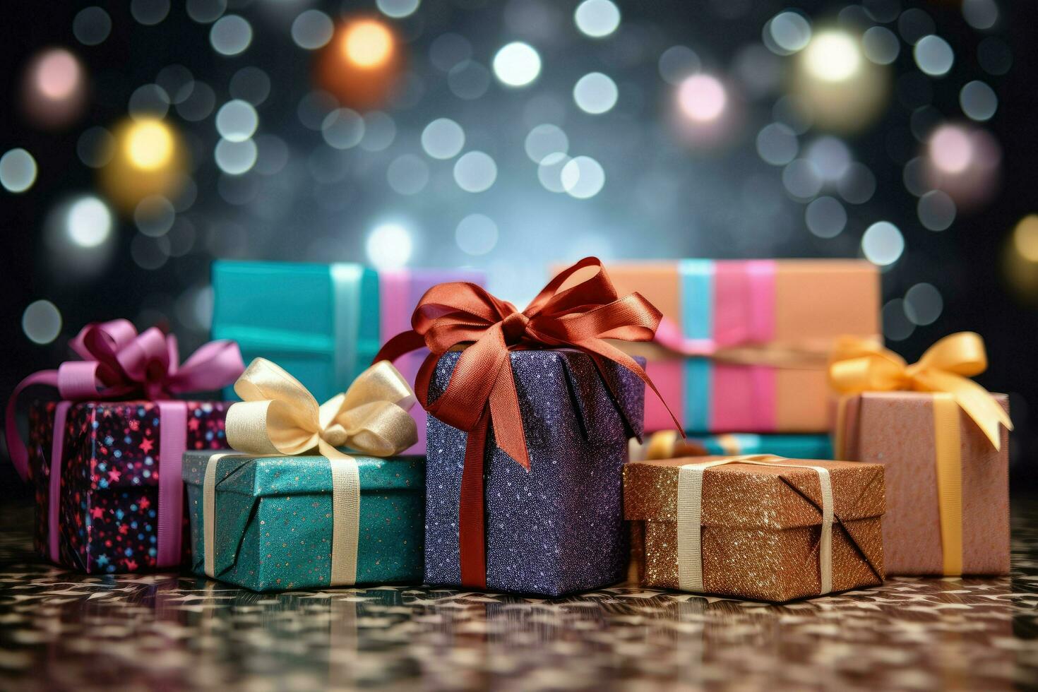 AI generated Colorful gift box binding with color Ribbon and blur background Ai generated photo