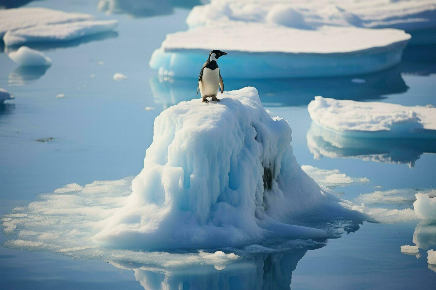 AI generated Penguin on ice floe Antarctic, penguin float on the ice floe in the Southern Ocean in Antarctica in search of food, The effects of global warming Ai generated photo