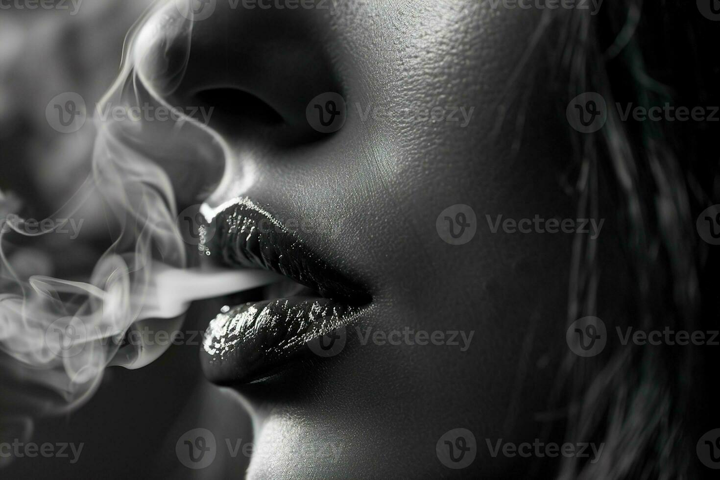 AI generated closeup of a female lips exhale smoke, black and white noir photography photo