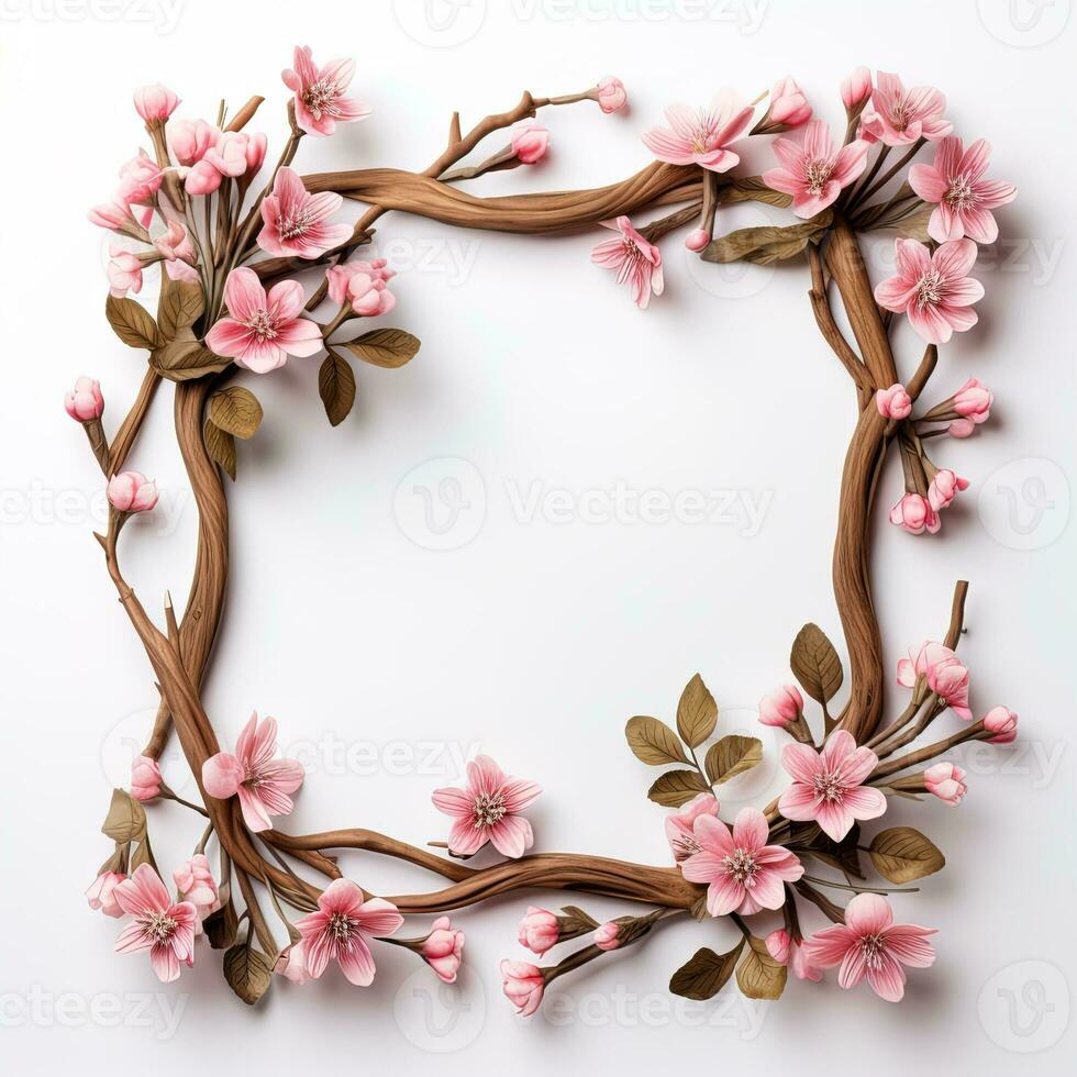 AI generated square frame made of dry tree branches with pink flowers on a white background photo