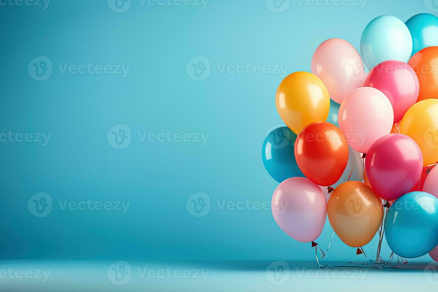 AI generated A bunch of balloons of different colors against the blue studio background with copy space photo