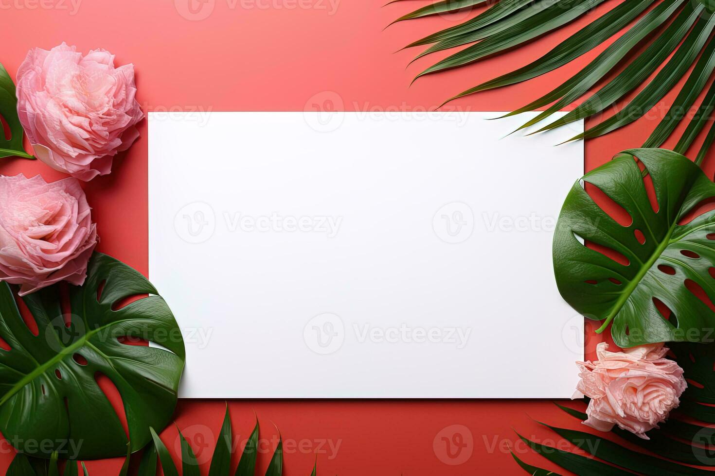 AI generated mockup white blank paper sheet with green tropical leaves and flowers top view on red background, template empty card flat lay for design with copy space photo