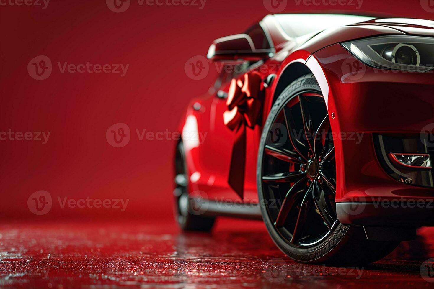 AI generated Bottom view of a luxury red car with new tires on black rims on a red background photo