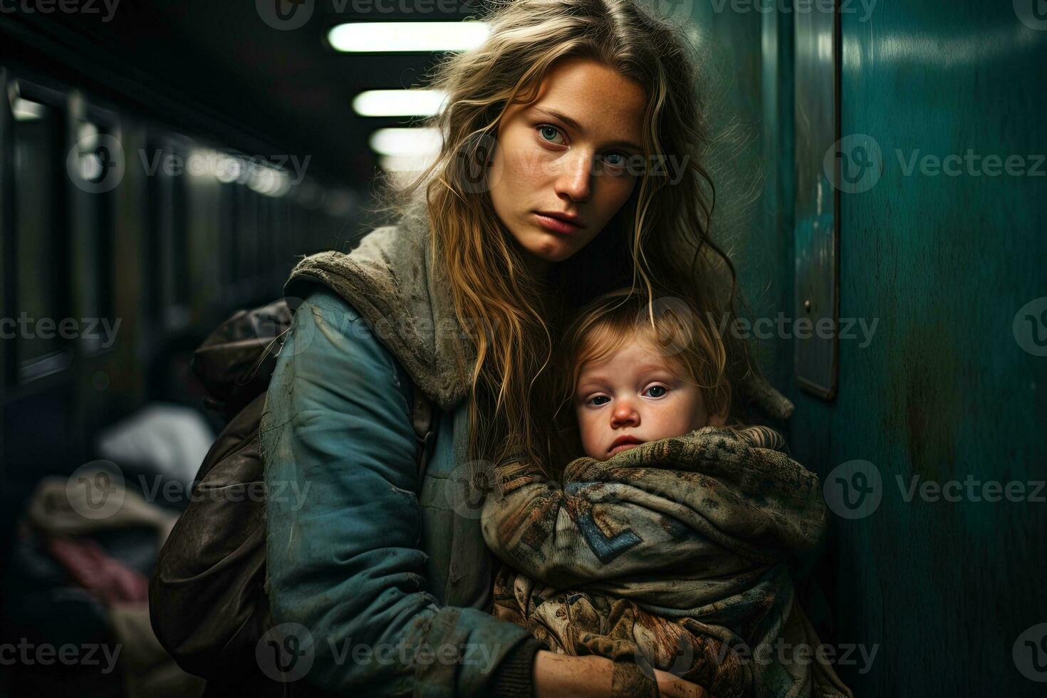 AI generated Poor homeless woman and daughter in dirty clothes with backpack in a subway station photo